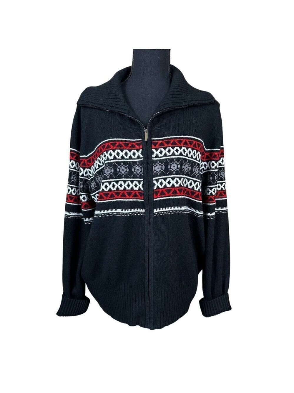 Josephine Chaus Black Red Fair Isle Nordic Full Zip Sweater Size XL